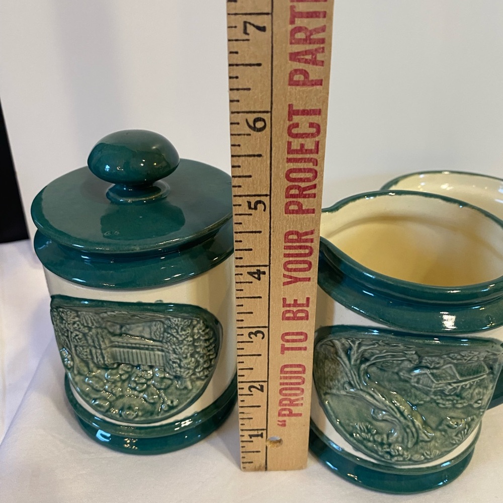 Vintage Hersey 1981 3pc Green White Glazed Ceramic Handcrafted Creamer Sugar Set - Picture 15 of 16